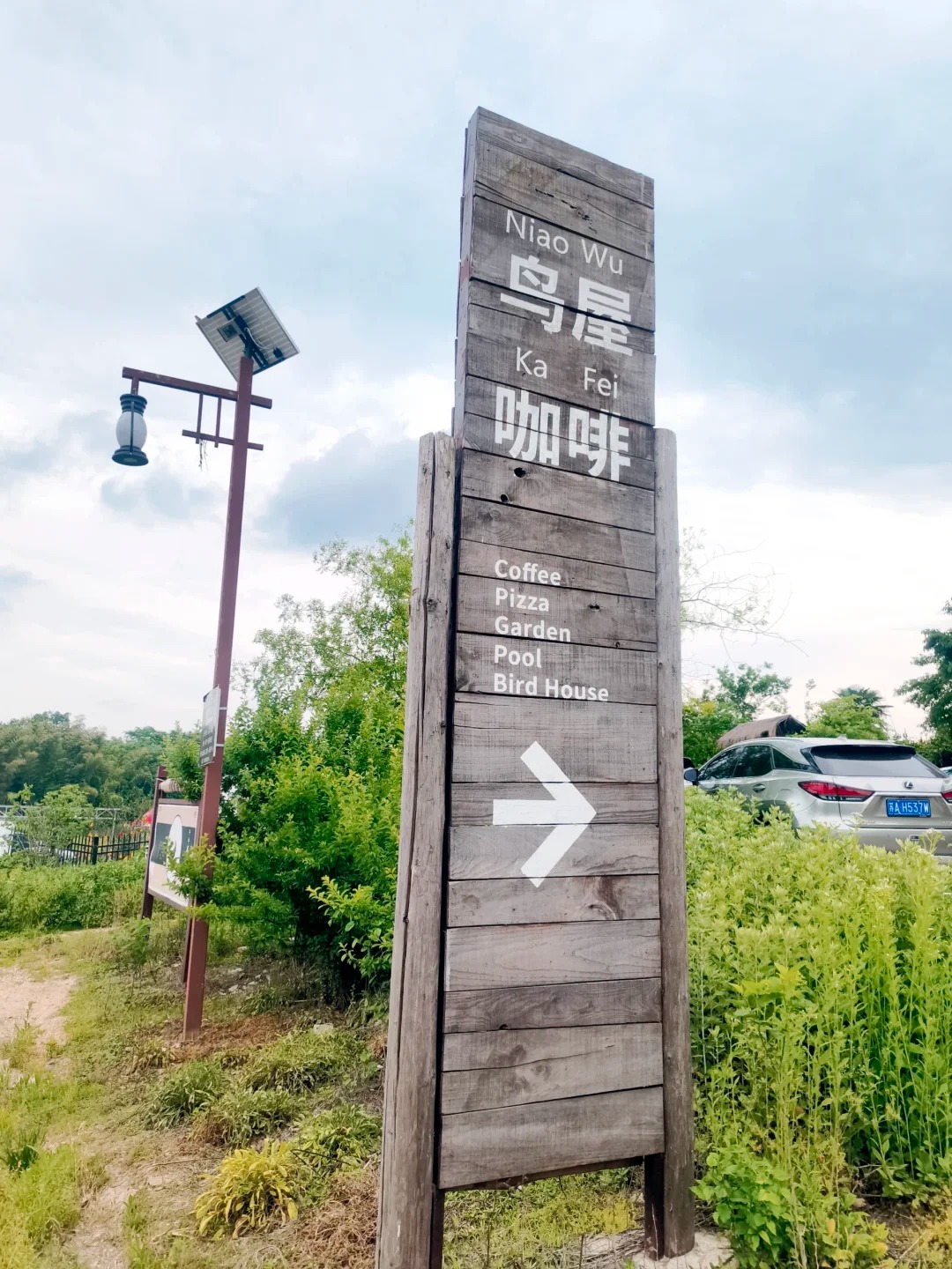 写着鸟屋咖啡的乡间路口木牌和方向箭头